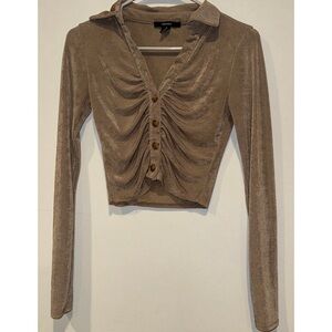 Forever 21 Long Sleeved Button Down Ruffled Gold Sparkle Crop Top